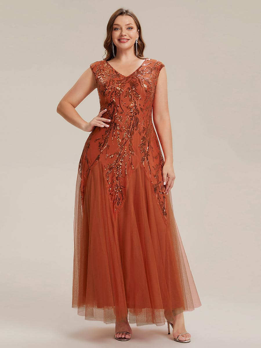 Embroidered Sequin Cap Sleeve Dress #color_Burnt Orange
