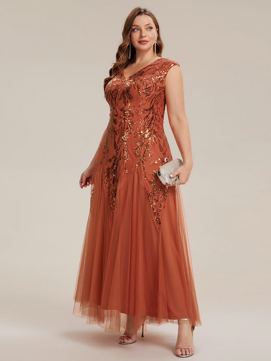 Embroidered Sequin Cap Sleeve Dress #color_Burnt Orange