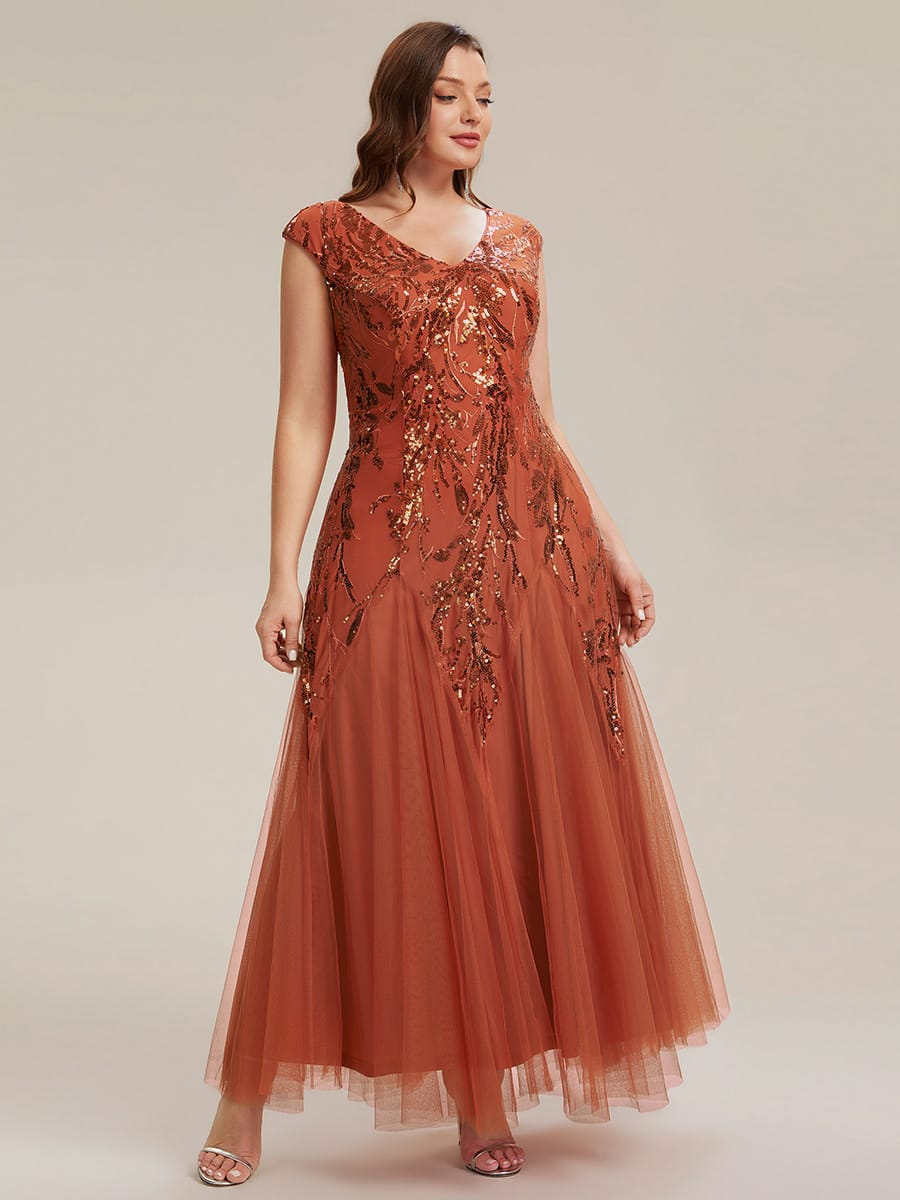 Embroidered Sequin Cap Sleeve Dress #color_Burnt Orange