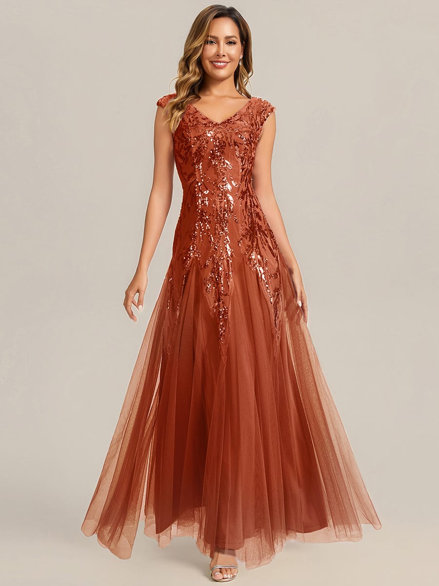 Embroidered Sequin Cap Sleeve Dress #color_Burnt Orange