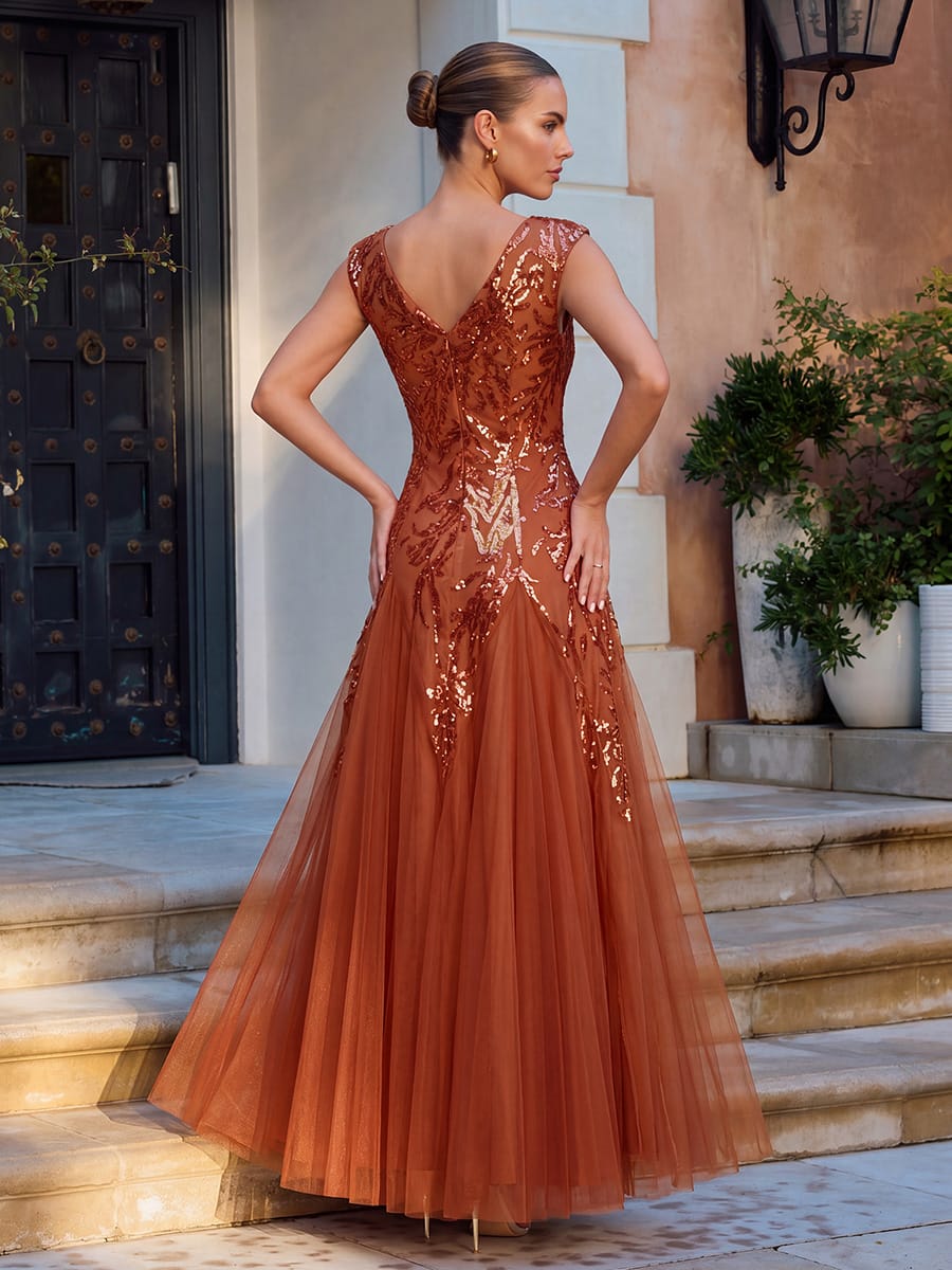 Embroidered Sequin Cap Sleeve Dress #color_Burnt Orange