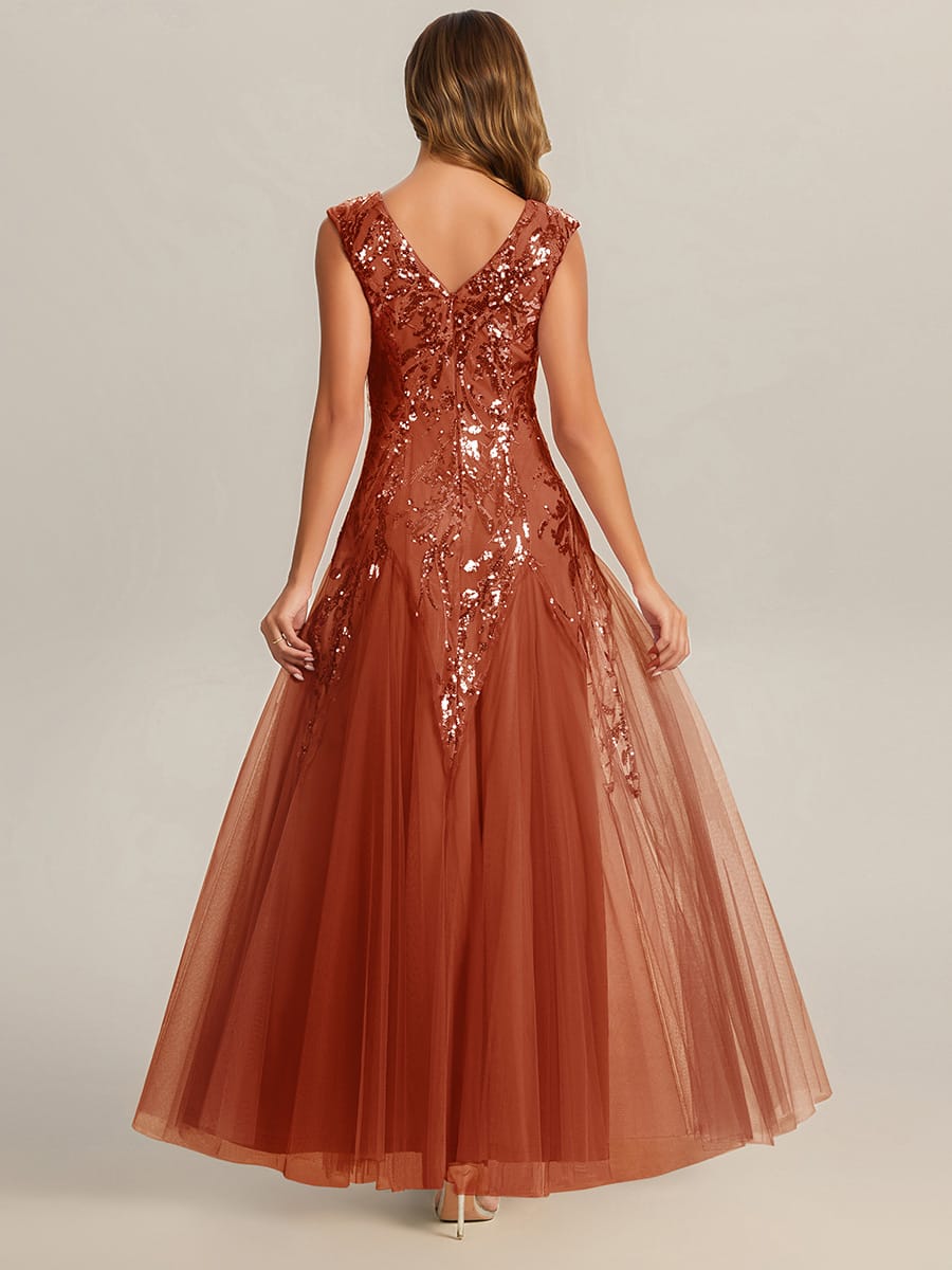 Embroidered Sequin Cap Sleeve Dress #color_Burnt Orange