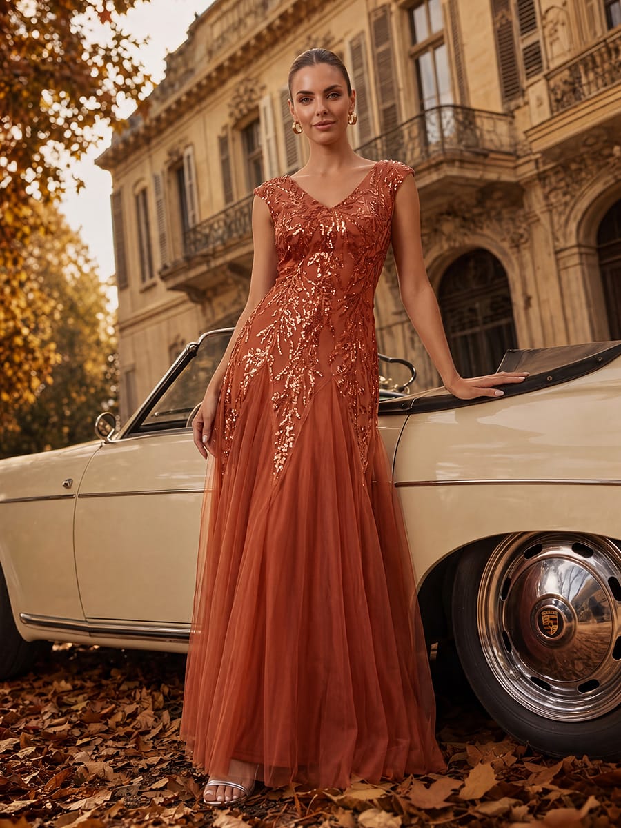 Embroidered Sequin Cap Sleeve Dress #color_Burnt Orange