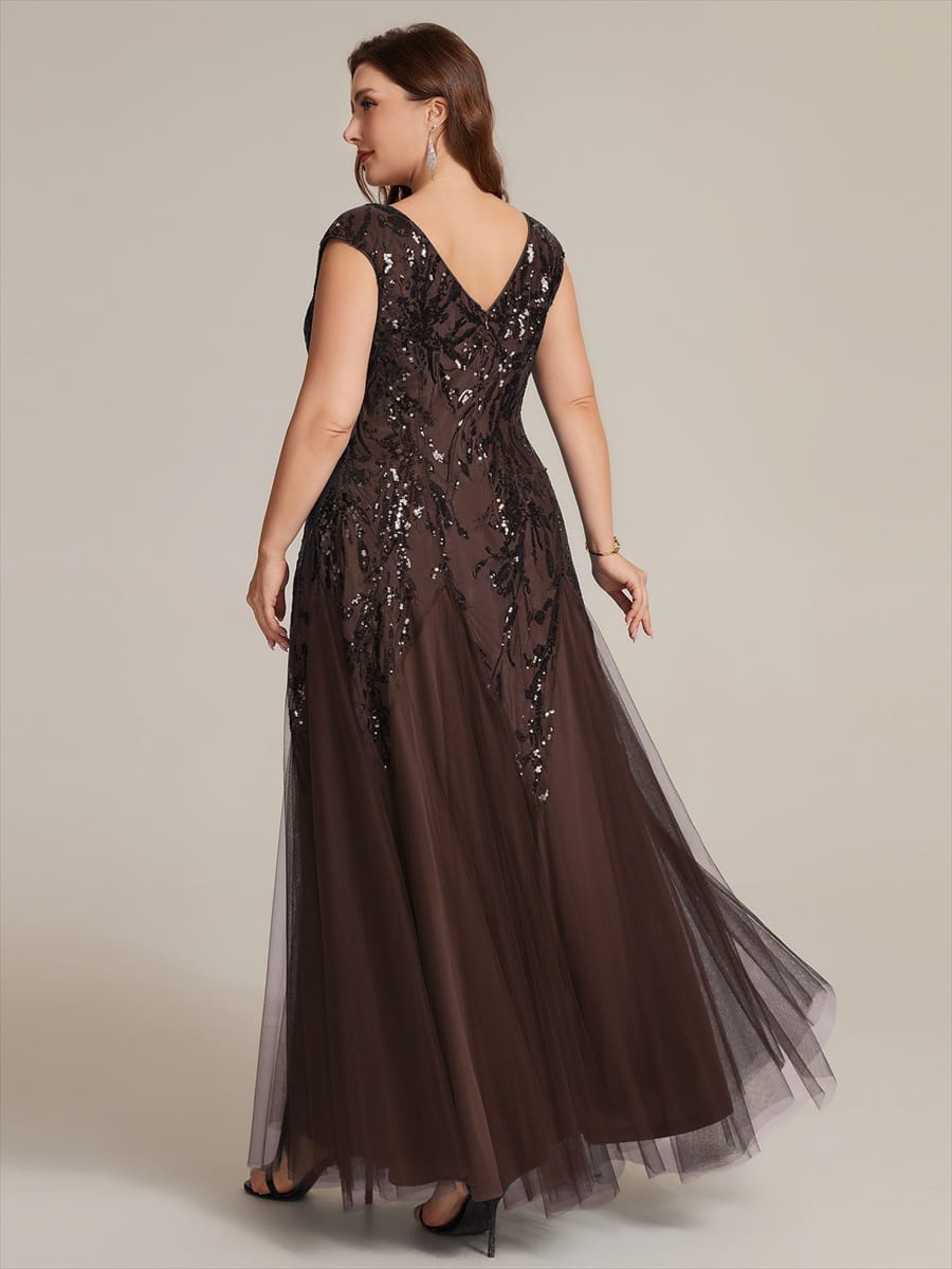 Embroidered Sequin Cap Sleeve Dress #color_Chocolate brown