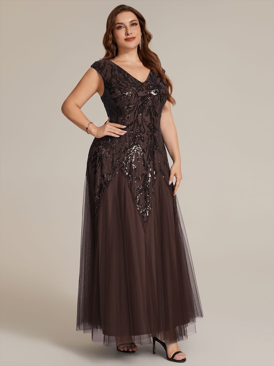 Embroidered Sequin Cap Sleeve Dress #color_Chocolate brown