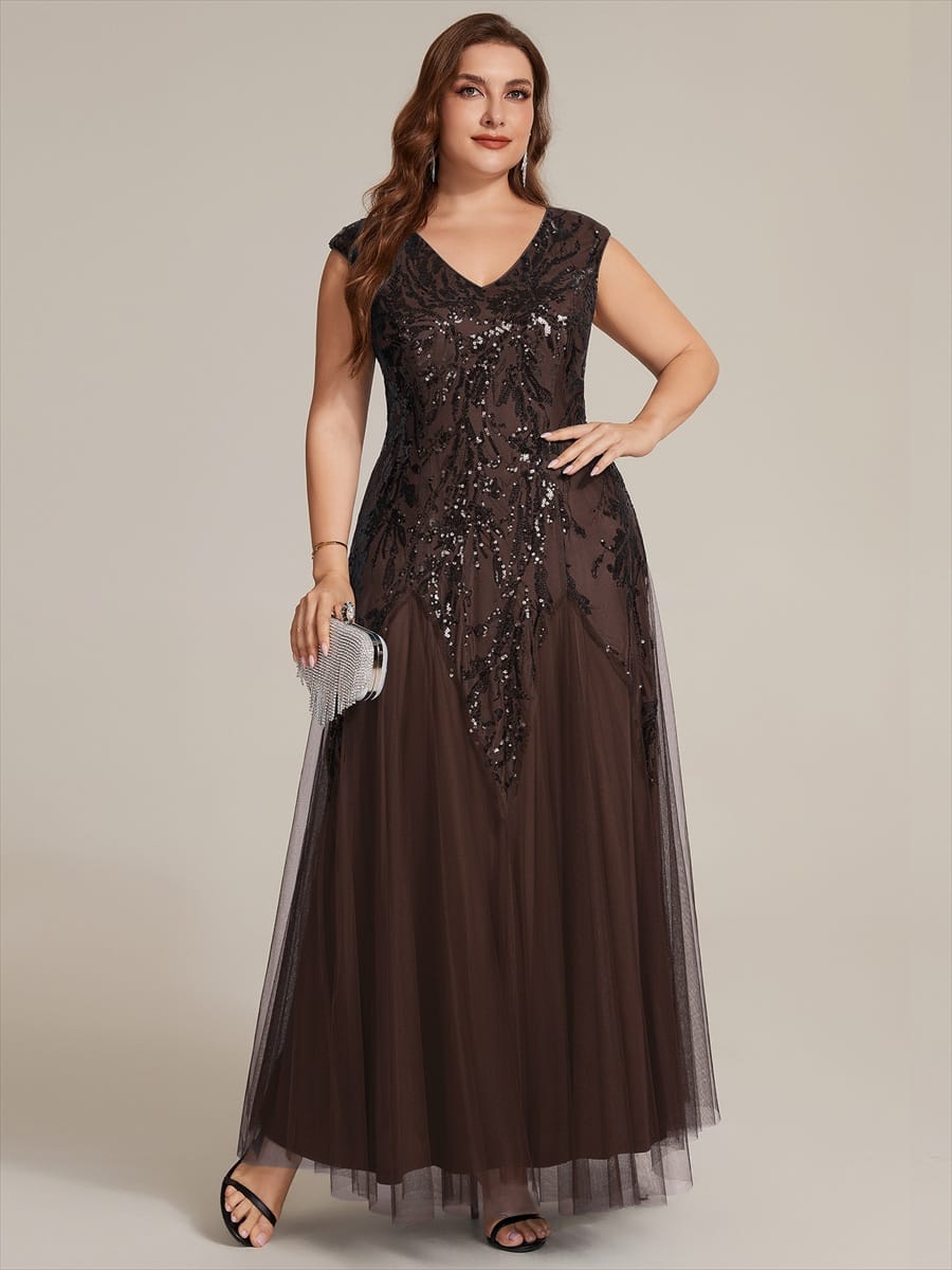 Embroidered Sequin Cap Sleeve Dress #color_Chocolate brown