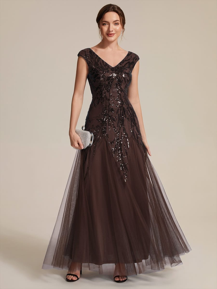 Embroidered Sequin Cap Sleeve Dress #color_Chocolate brown