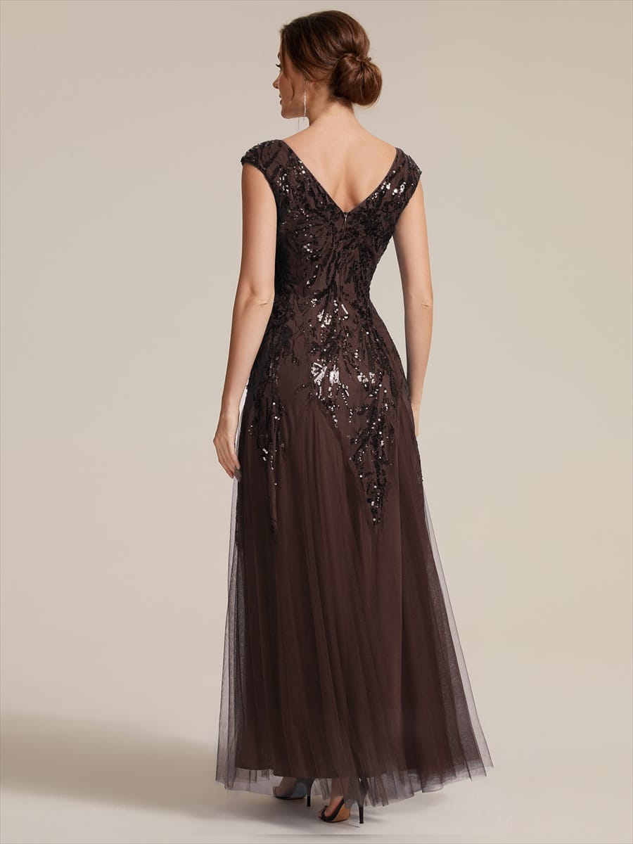 Embroidered Sequin Cap Sleeve Dress #color_Chocolate brown