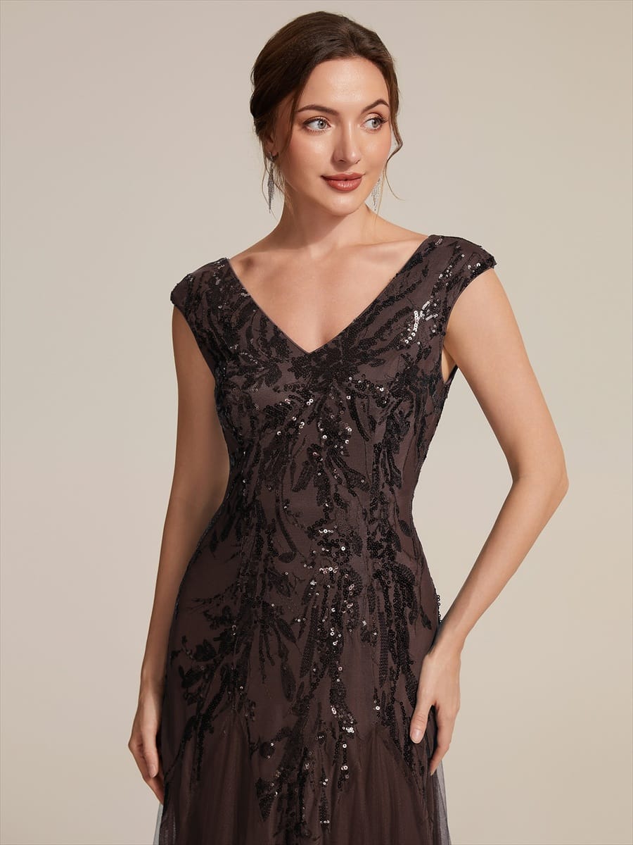 Embroidered Sequin Cap Sleeve Dress #color_Chocolate brown