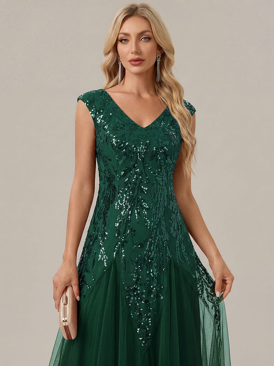 Embroidered Sequin Cap Sleeve Dress #color_Dark Green