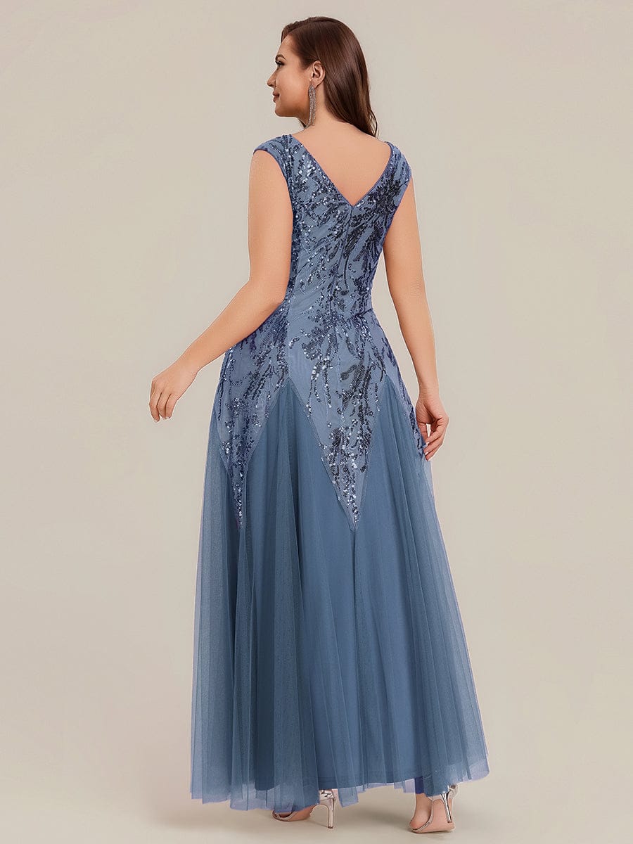 Embroidered Sequin Cap Sleeve Dress #color_Dusty Blue