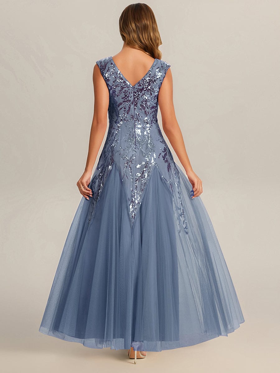 Embroidered Sequin Cap Sleeve Dress #color_Dusty Blue