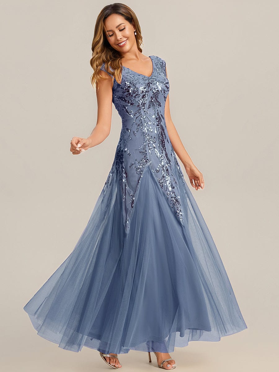 Embroidered Sequin Cap Sleeve Dress #color_Dusty Blue