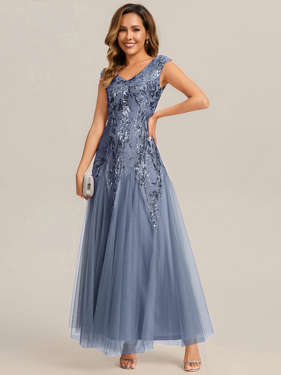 Embroidered Sequin Cap Sleeve Dress #color_Dusty Blue