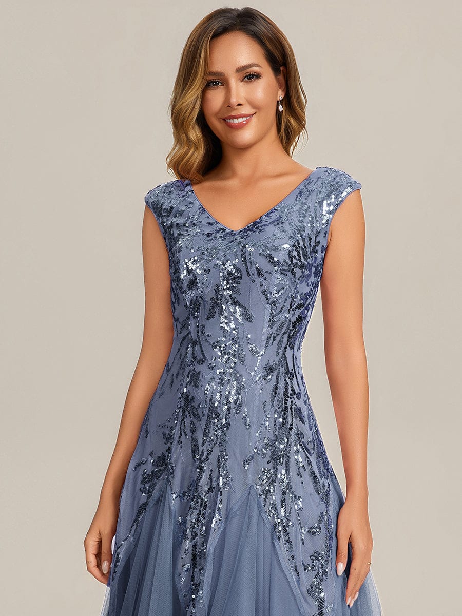 Embroidered Sequin Cap Sleeve Dress #color_Dusty Blue
