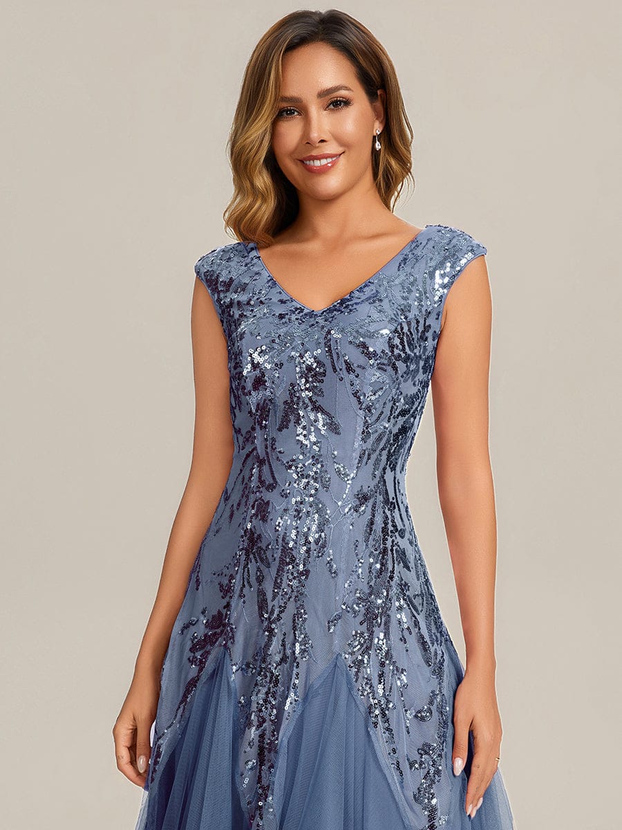 Embroidered Sequin Cap Sleeve Dress #color_Dusty Blue