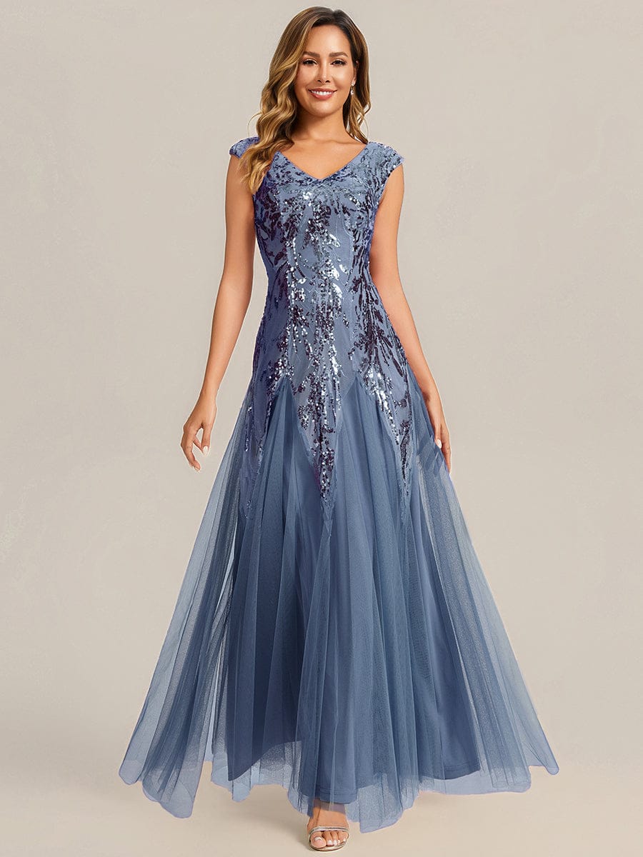 Embroidered Sequin Cap Sleeve Dress #color_Dusty Blue