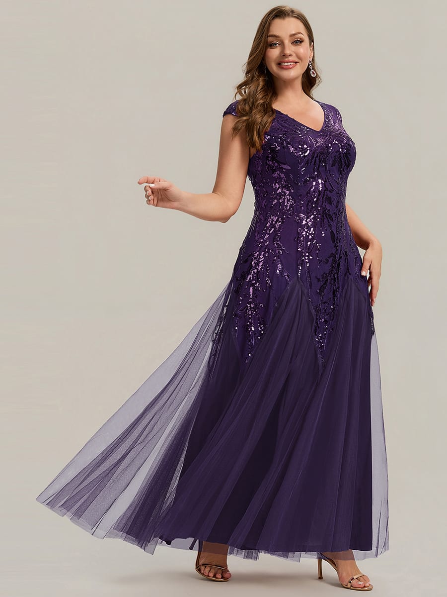 Embroidered Sequin Cap Sleeve Dress #color_Dark Purple