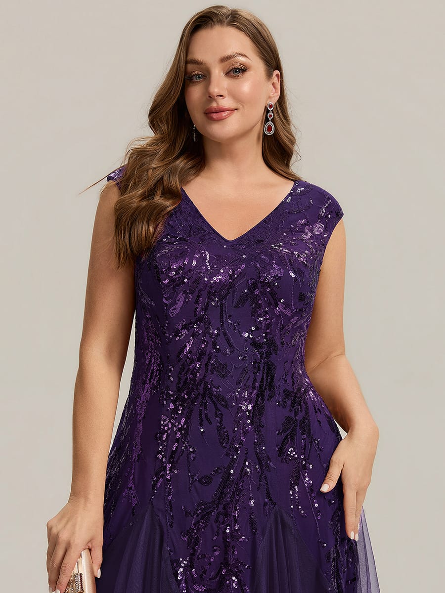 Embroidered Sequin Cap Sleeve Dress #color_Dark Purple