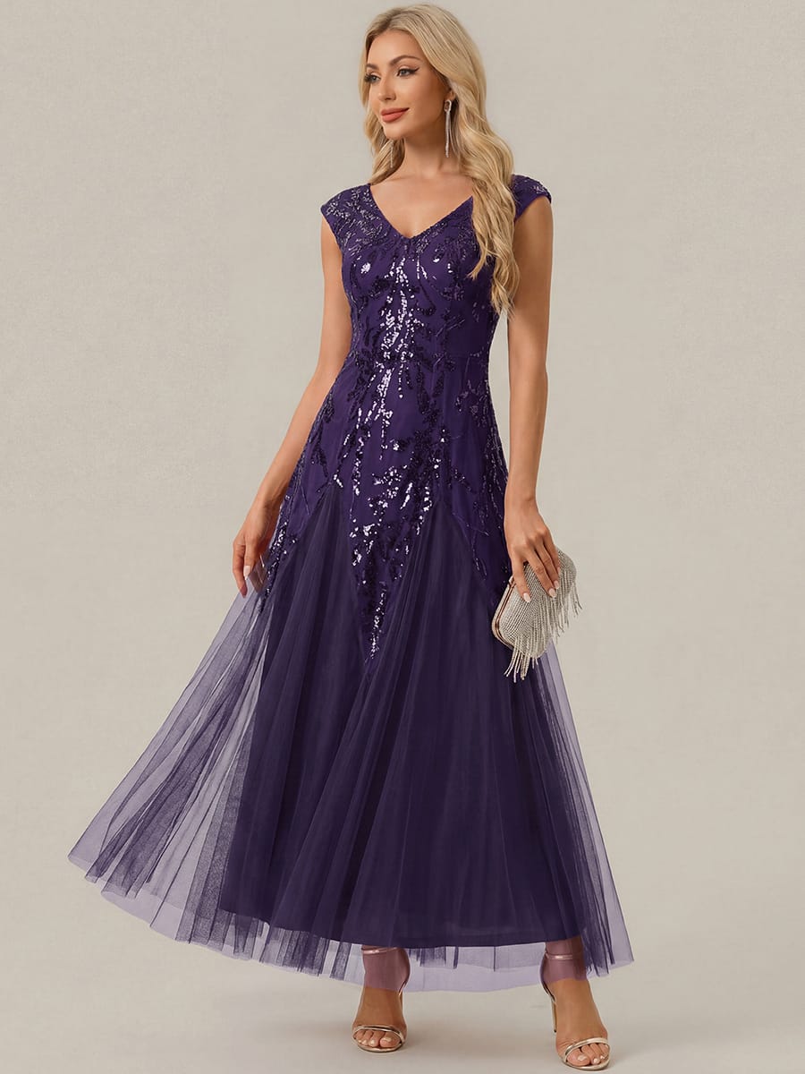 Embroidered Sequin Cap Sleeve Dress #color_Dark Purple