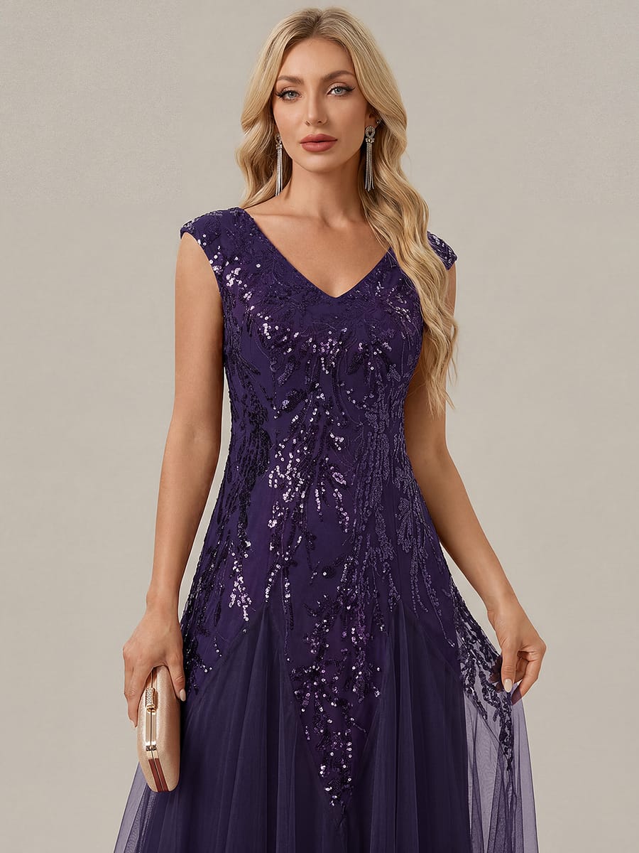 Embroidered Sequin Cap Sleeve Dress #color_Dark Purple