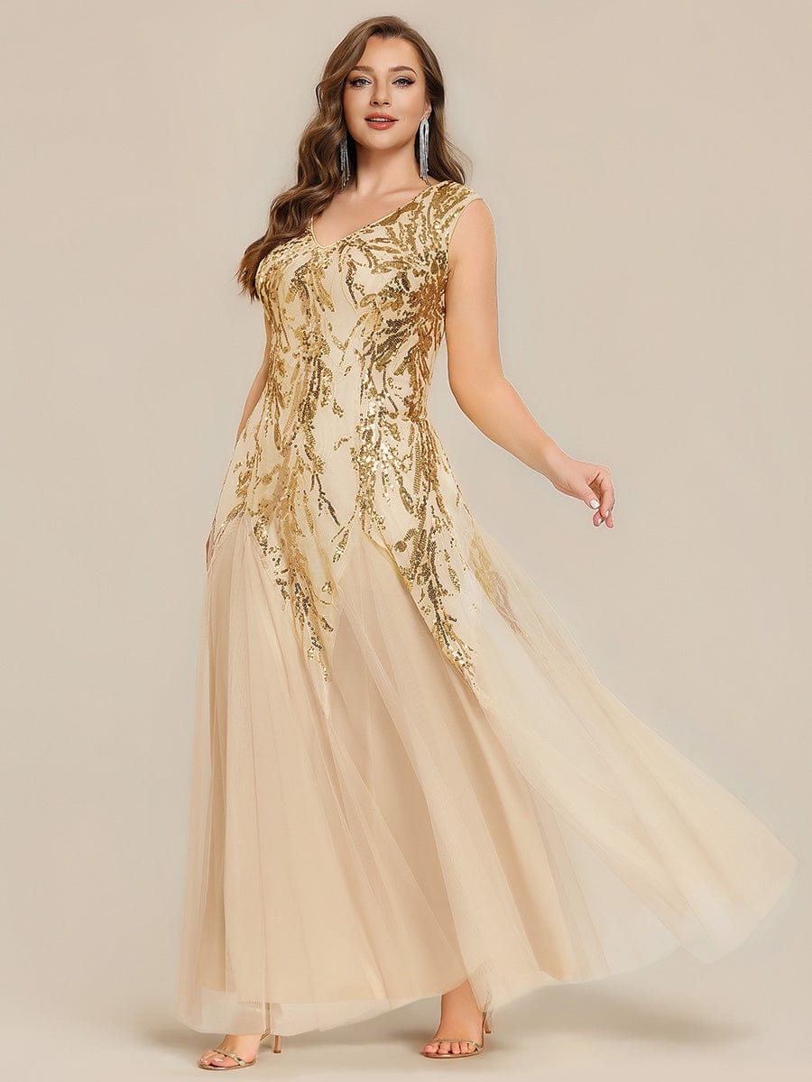 Embroidered Sequin Cap Sleeve Dress #color_Gold