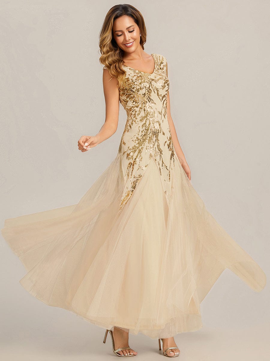 Embroidered Sequin Cap Sleeve Dress #color_Gold