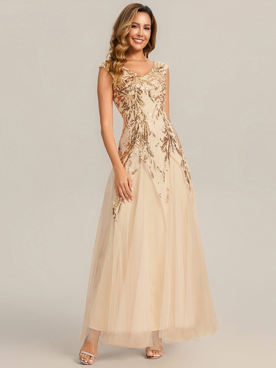Embroidered Sequin Cap Sleeve Dress #color_Gold