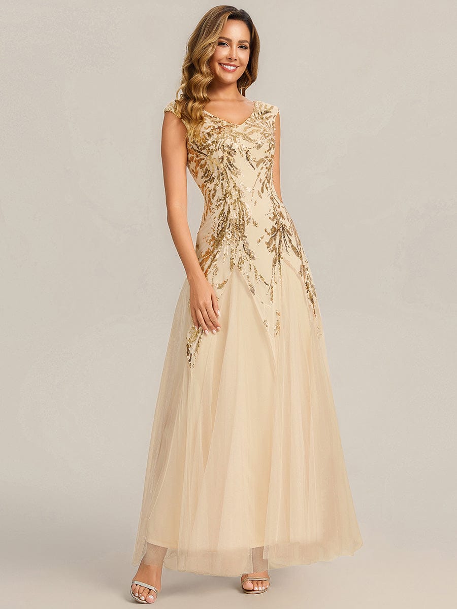 Embroidered Sequin Cap Sleeve Dress #color_Gold