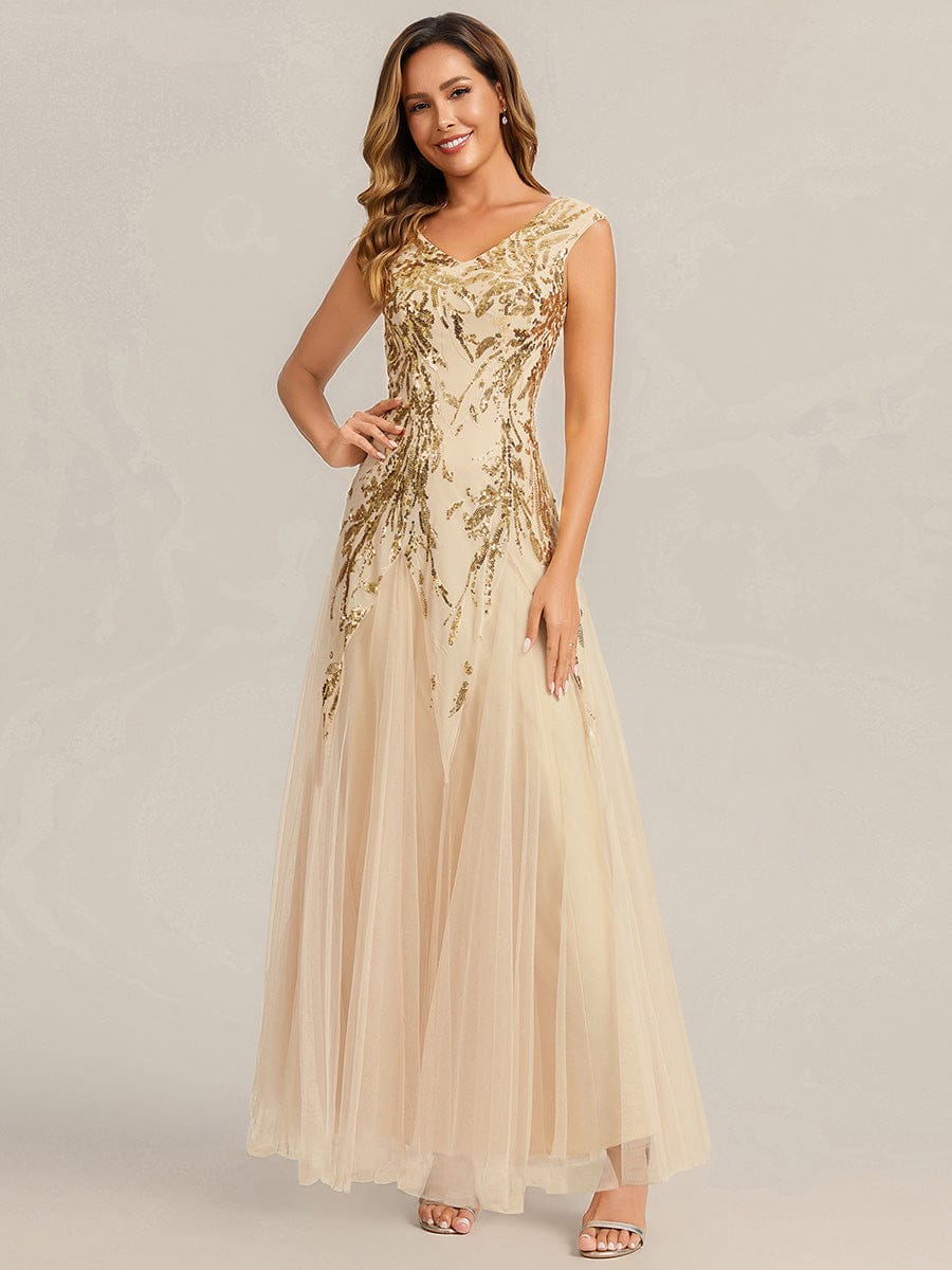 Embroidered Sequin Cap Sleeve Dress #color_Gold