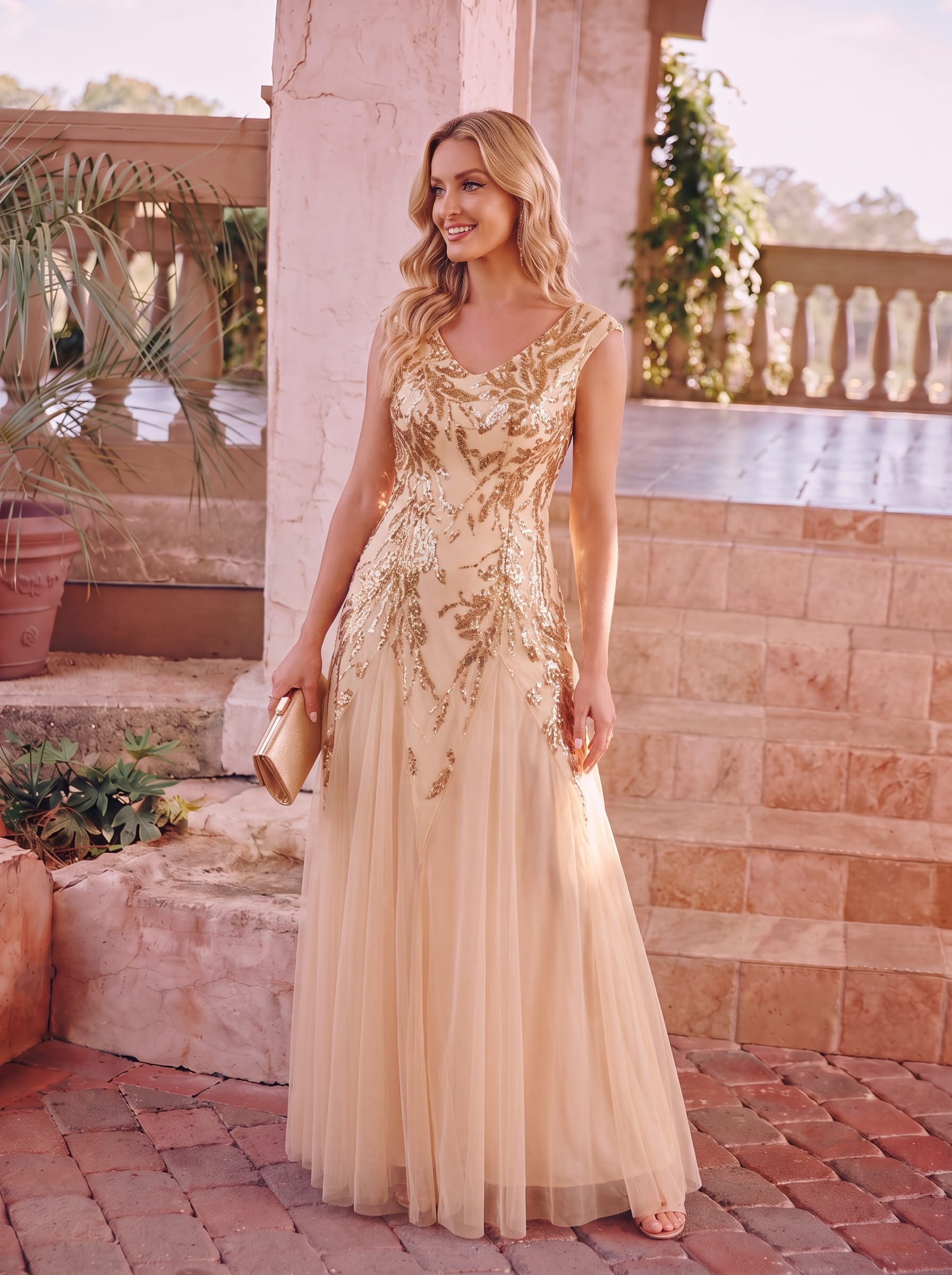 Embroidered Sequin Cap Sleeve Dress #color_Gold