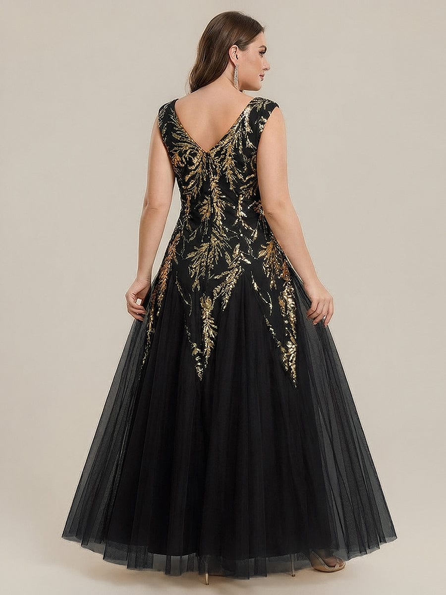 Embroidered Sequin Cap Sleeve Dress #color_Black & Gold