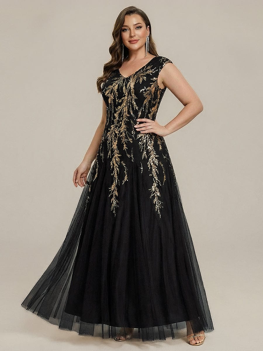 Embroidered Sequin Cap Sleeve Dress #color_Black & Gold