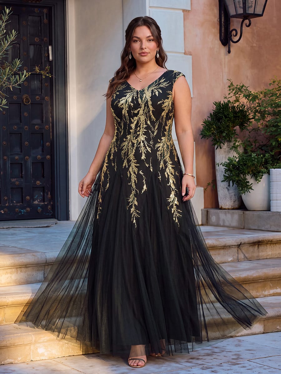 Embroidered Sequin Cap Sleeve Dress #color_Black & Gold