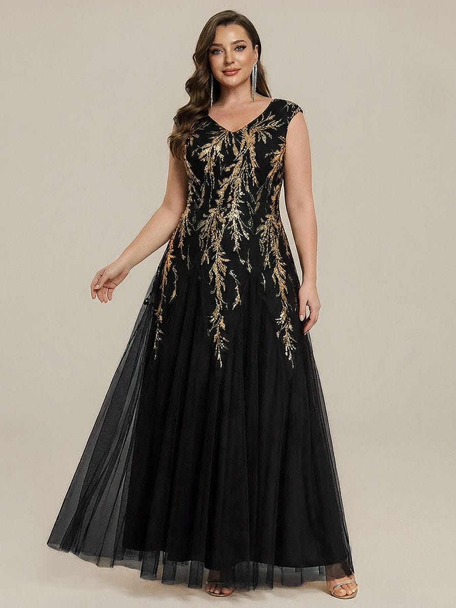 Embroidered Sequin Cap Sleeve Dress #color_Black & Gold