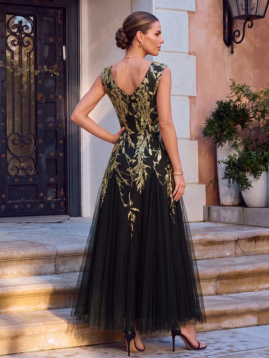 Embroidered Sequin Cap Sleeve Dress #color_Black & Gold