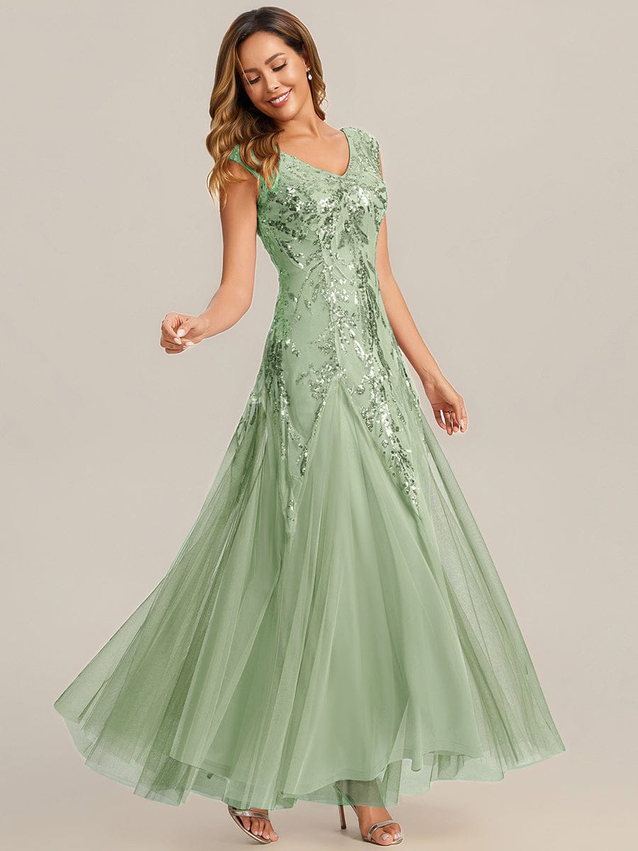 Embroidered Sequin Cap Sleeve Dress #color_Mint Green