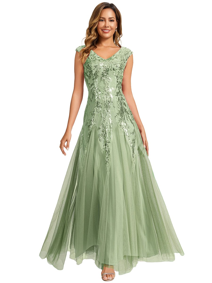 Embroidered Sequin Cap Sleeve Dress #color_Mint Green