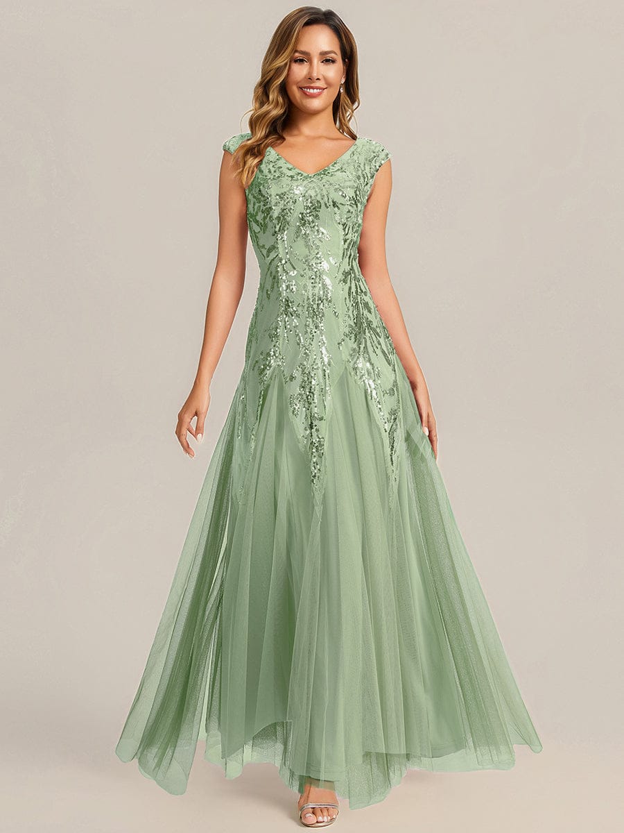 Embroidered Sequin Cap Sleeve Dress #color_Mint Green