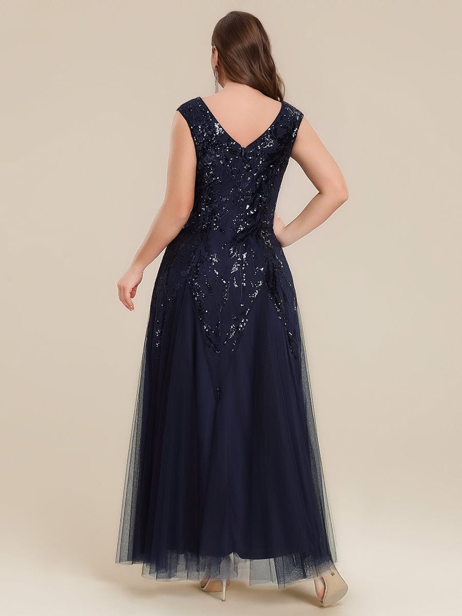Embroidered Sequin Cap Sleeve Dress #color_Navy Blue