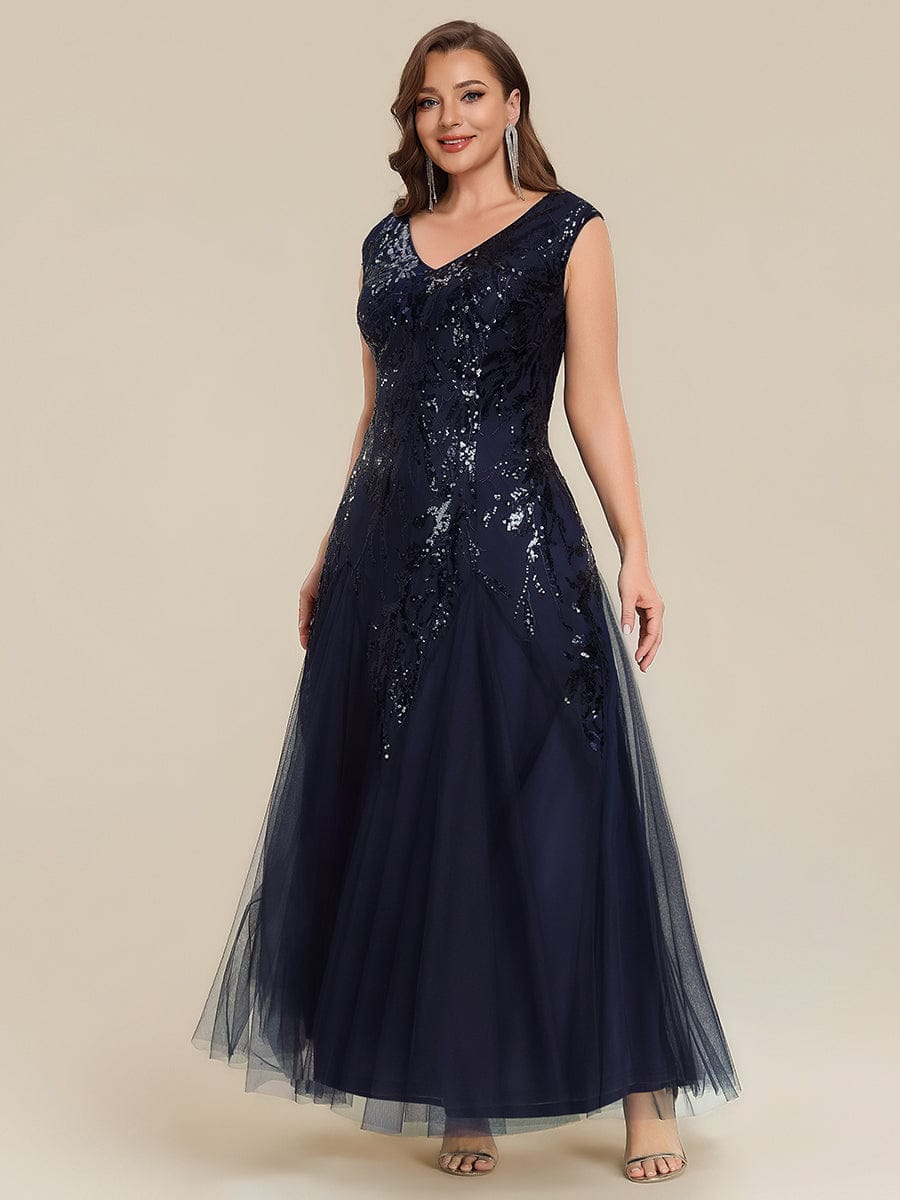 Embroidered Sequin Cap Sleeve Dress #color_Navy Blue