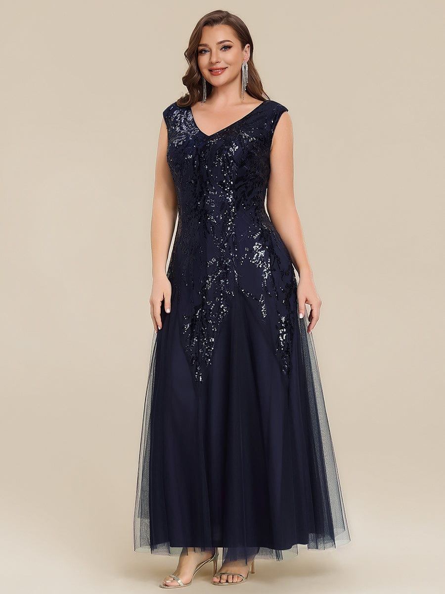 Embroidered Sequin Cap Sleeve Dress #color_Navy Blue