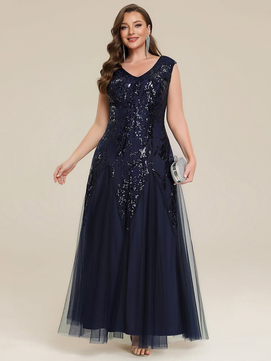 Embroidered Sequin Cap Sleeve Dress #color_Navy Blue