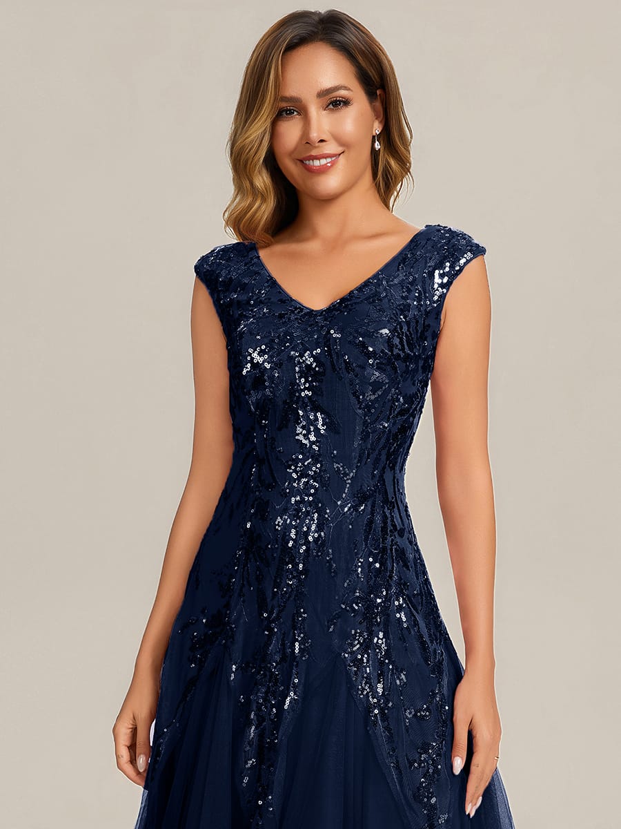 Embroidered Sequin Cap Sleeve Dress #color_Navy Blue