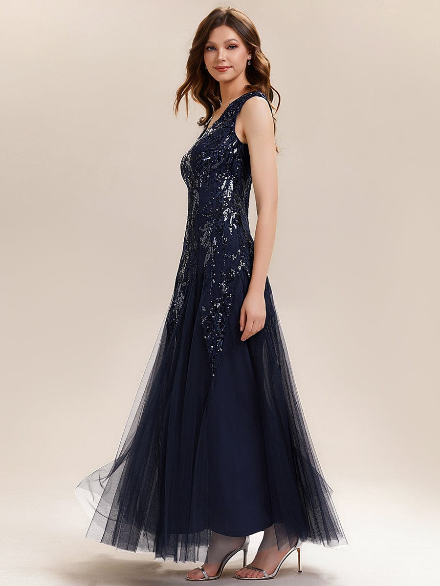 Embroidered Sequin Cap Sleeve Dress #color_Navy Blue