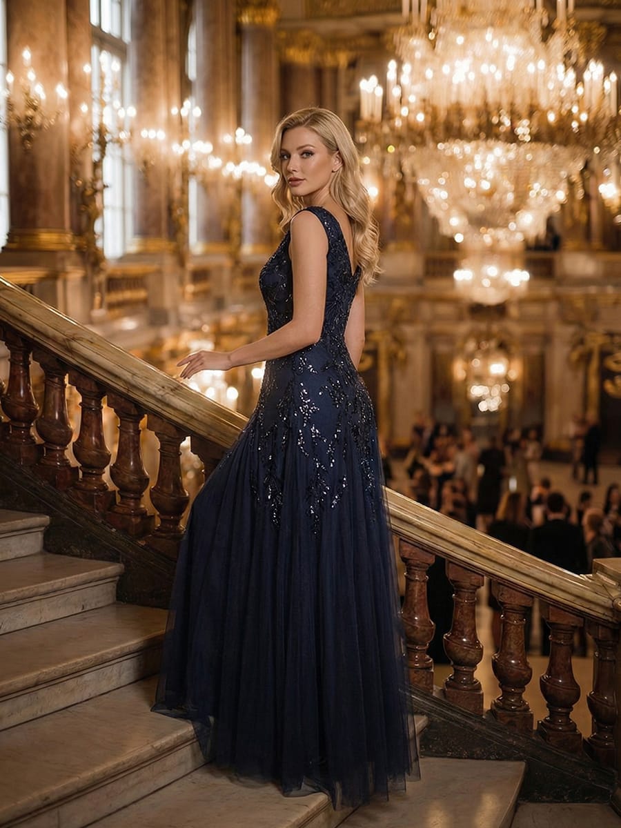 Embroidered Sequin Cap Sleeve Dress #color_Navy Blue