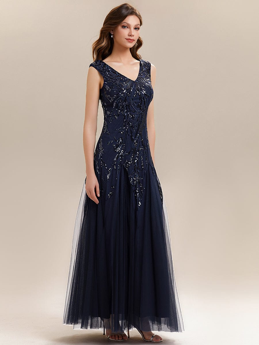 Embroidered Sequin Cap Sleeve Dress #color_Navy Blue
