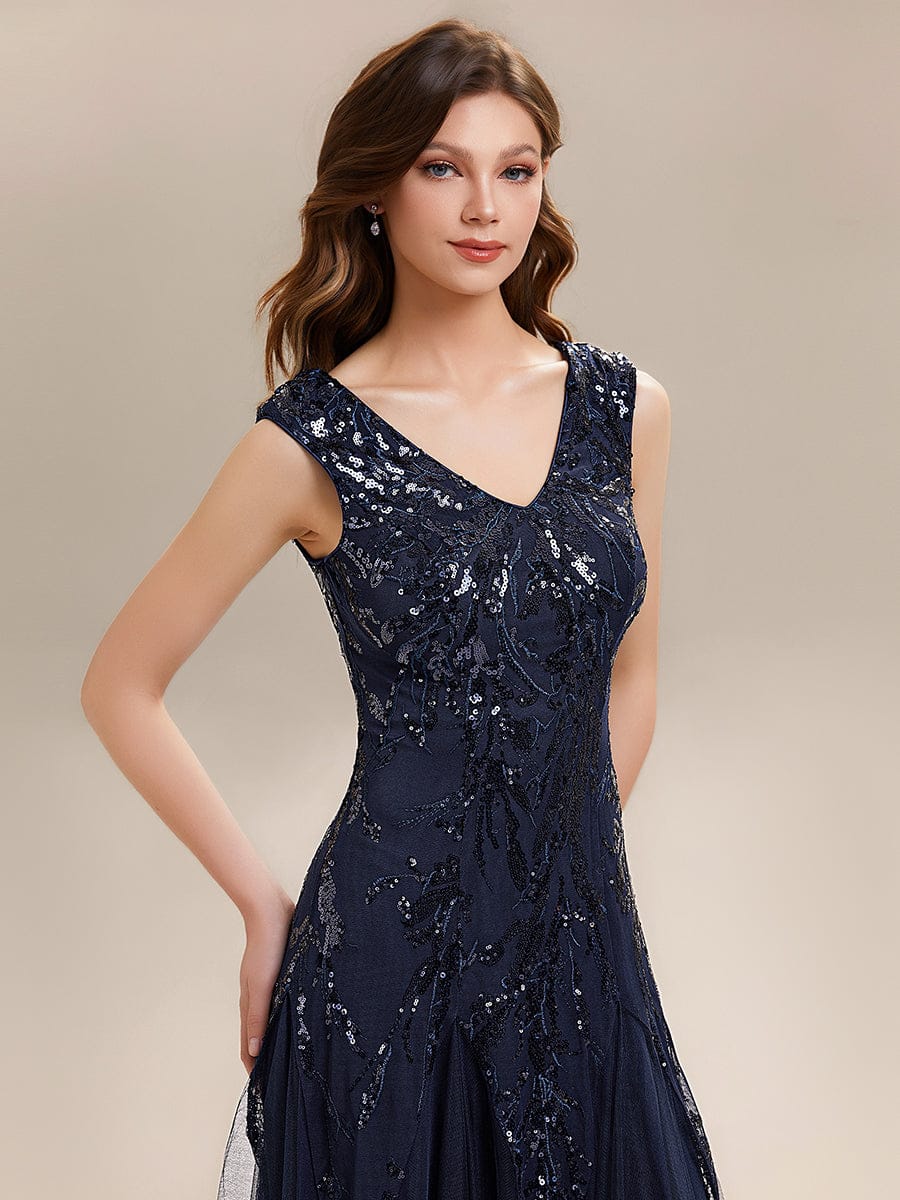 Embroidered Sequin Cap Sleeve Dress #color_Navy Blue