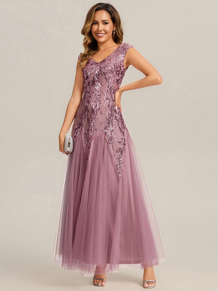Embroidered Sequin Cap Sleeve Dress #color_Purple Orchid