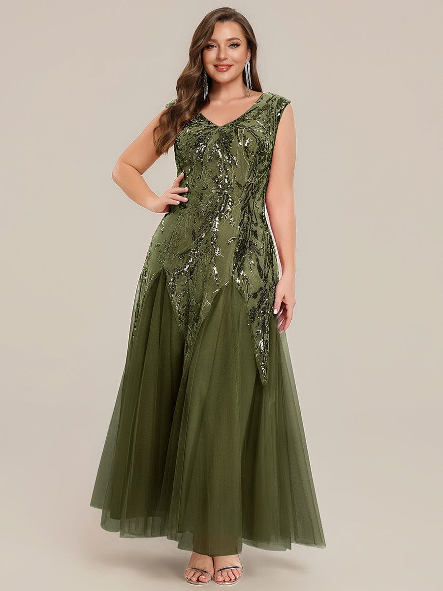 Embroidered Sequin Cap Sleeve Dress #color_Olive Green